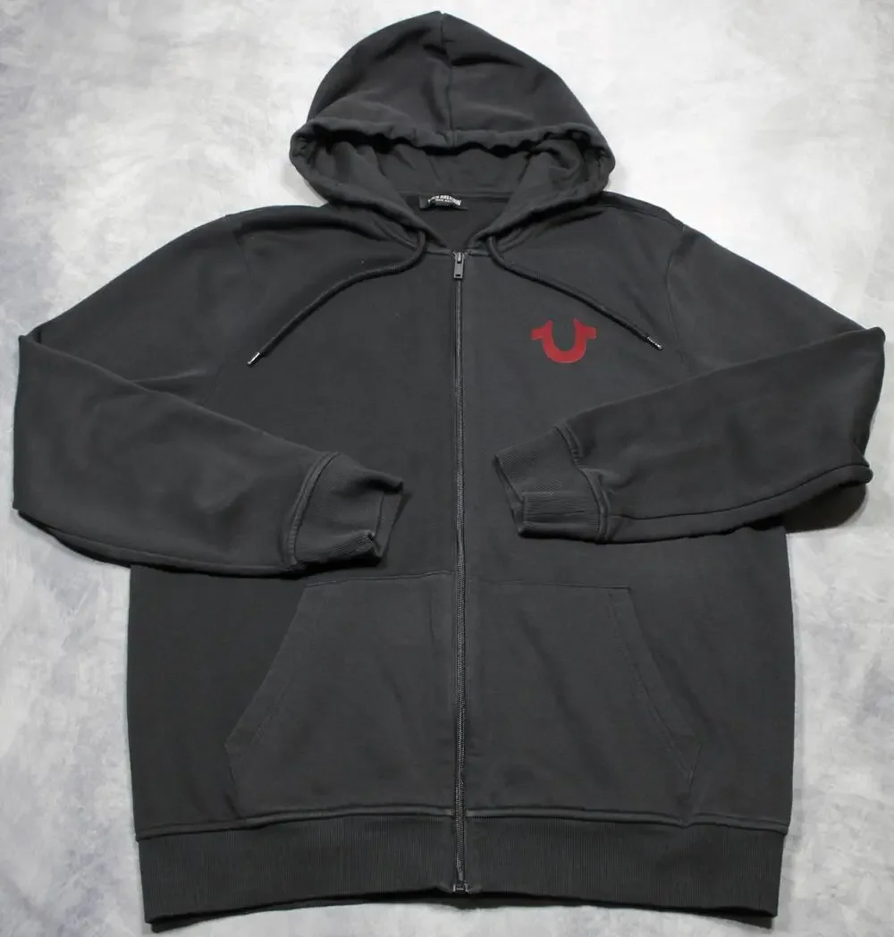 True Religion Hoodie Mens XL Black Full Zip Fleece Sweatshirt Buddha Graphic